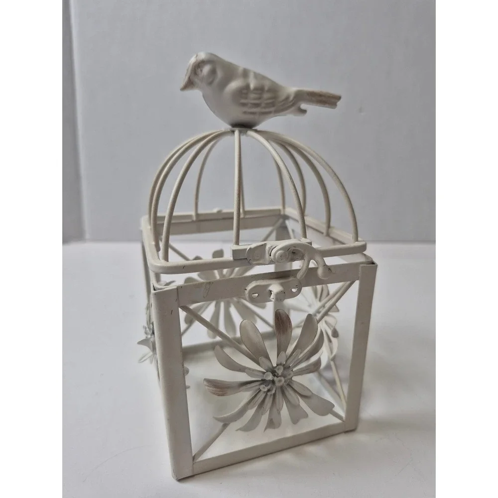 Vintage Shabby Chic White Metal Birdcage Lantern Floral Tea Light Holder 6.5in
